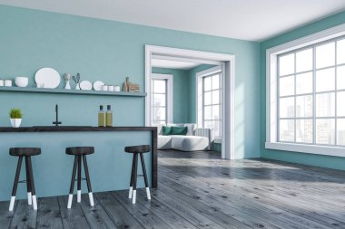 Mavi duvar, ahşap zemin, koyu ahşap tabureler olan mavi ve ahşap çubuk, tabak ve oturma odası için kapı ile bir raf ile modern mutfak köşesinde. 3D render