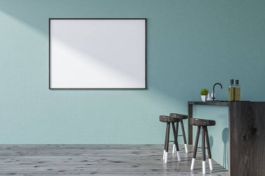 Mavi duvar, koyu ahşap zemin, mavi ve koyu ahşap bar tabureleri ve duvardaki yatay poster ile modern mutfak iç. 3D render alay