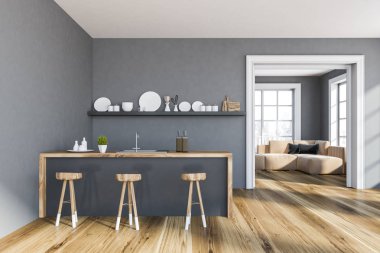 Gri duvarlar, ahşap zemin, ahşap tabureler olan gri ve ahşap çubuk, tabak ve oturma odası için kapı ile bir raf ile şık mutfak iç. 3D render