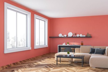 Mutfak ve oturma odası, pembe duvarlar, ahşap zemin, gri bar tabureleri ve bej kanepe ayakta gri sehpa yakınındaki köşesinde. 3D render