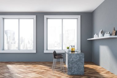 Minimalist mutfak Gri duvarlar, ahşap zemin, pencere eşiği ile cityscape, gri ve beyaz bar tabureleri ile ve kaplar ile raf ile yan görünüm. 3D render
