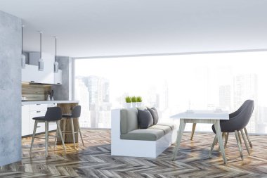 Beton duvarlar, ahşap zemin, beyaz mutfak tezgahı, beyaz ve ahşap ve barıyla bej kanepe ve gri sandalyeler ile panoramik mutfak yan görünüm. 3D render