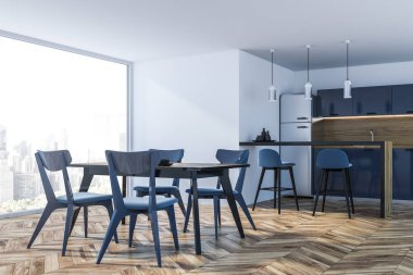 Beyaz duvarları, ahşap zemin, mavi mutfak tezgahı, siyah ve ahşap bar ve masa mavi sandalye ile panoramik mutfak köşesinde. 3D render