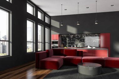 İç mutfak ve yemek odası ile gri duvarlar, ahşap zemin, kırmızı mutfak tezgahı, gri ve kırmızı Adası ve yuvarlak sehpa yakınındaki kırmızı koltuk. 3D render
