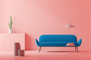 Pembe duvarlar, mavi koltuk konumu coffee table kitaplarla ve pembe şifonyerin üstünde o kaktüs ile yakın olan minimalist oturma odası iç. 3D render