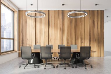 Toplantı salonu ile koyu ahşap duvarlar, taş zemin, geniş pencere ve siyah sandalye ile uzun siyah ahşap masa ofis yan görünüm. 3D render