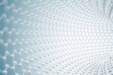 Mavi arka plan üzerinde beyaz karbon molekülü atomik kılavuz. Nanoteknoloji ve bilim kavramı. 3D render