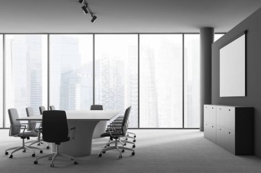 Toplantı odası iç panoramik pencere, uzun beyaz masa ve siyah ve beyaz sandalye ile gri. Dolap asılı ekran yukarı alay et. 3D render