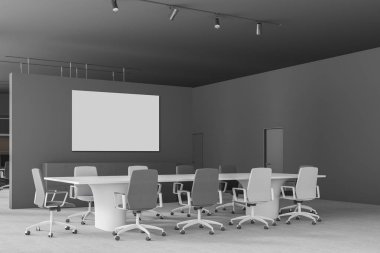 Toplantı salonu ile gri duvarlar, beton zemin, beyaz ve gri sandalye ve duvardaki yatay poster ile uzun beyaz masa ofis köşesinde. 3D render alay