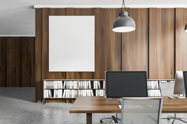 Koyu ahşap duvarlar, beton zemin ve koyu ahşap mobilyalı kasalar ile office çalışma alanı'nın yakın çekim. Raflar ile duvarın yanında ağıl. Dikey poster. 3D render alay