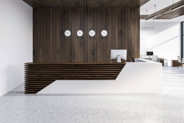Bilgisayar ve ofis ile dünya zaman arka planda gösterilen saatler ile beyaz ve ahşap resepsiyon masası. 3D render