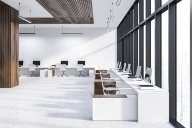 Beyaz ve ahşap duvarlar, kiremitli kat, duvarlar ve beyaz sandalyeler ayakta beyaz ve ahşap bilgisayar tabloları satırları ile modern ofis iç. 3D render