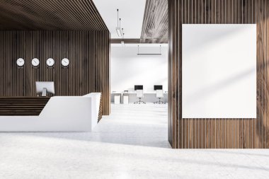 Beyaz ve ahşap Resepsiyon Masa ayakta beyaz ve ahşap duvarlar ve dikey poster ile modern ofis. 3D render alay