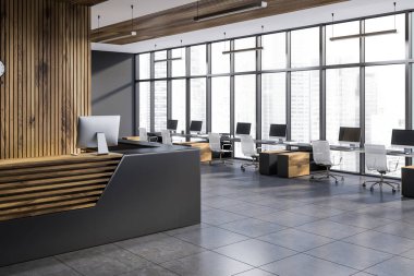 İç sıra yakın pencere ve gri ve ahşap Resepsiyon ön planda bilgisayar masaları ile panoramik Office. 3D render