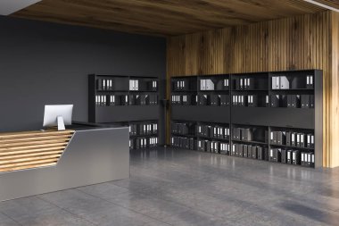 Gri ve ahşap resepsiyon masası ve klasörlerle siyah kütüphaneler ile modern ofis resepsiyon salonu. 3D render