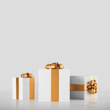 Beyaz arka plan üzerinde sarı kurdeleler ile üç beyaz hediye kutuları. Kutlama ve Tatil Sezon kavramı. 3D render