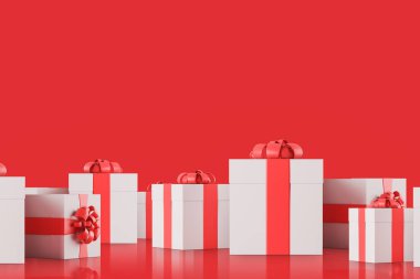 Kırmızı şeritler kırmızı zemin üzerinde beyaz hediye kutuları yığını. Kutlama ve Tatil Sezon kavramı. 3D render