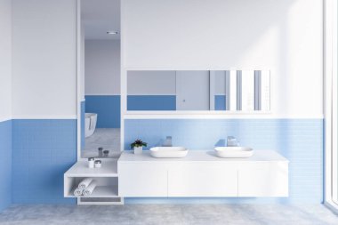 Modern banyo beyaz ve mavi tuğla duvar, beton zemin ve yatay ve dikey aynalar ile beyaz tezgah üzerinde çift lavabo duran iç. 3D render
