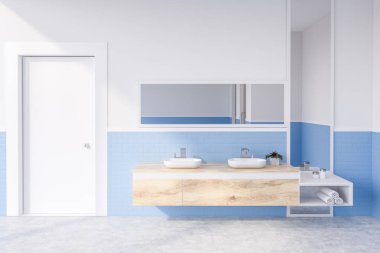 Modern banyo beyaz ve mavi tuğla duvar, beton zemin ve yatay ve dikey aynalar ile ahşap tezgah üzerinde çift lavabo duran iç. 3D render