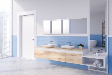 Modern banyo beyaz ve mavi tuğla duvar, beton zemin ve yatay ve dikey aynalar ile ahşap tezgah üzerinde çift lavabo duran köşesinde. 3D render