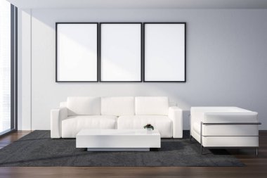 Modern ofis dinlenme salonu beyaz duvarlar, ahşap zemin, beyaz kanepe ve koltuk ayakta beyaz sehpa ve duvar posteri Galeri ile iç. 3D render alay