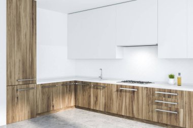 Beyaz duvarlar, beton zemin, ahşap mutfak tezgahı ile yapılı içinde lavabo ve Ocak ve beyaz dolapları ile mutfak köşesinde. 3D render