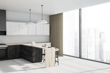 Beyaz duvarları, ahşap zemin, beyaz ve ahşap mutfak tezgahı ve dolapları ile panoramik mutfak ve dışkı ile ahşap bar köşesinde. 3D render