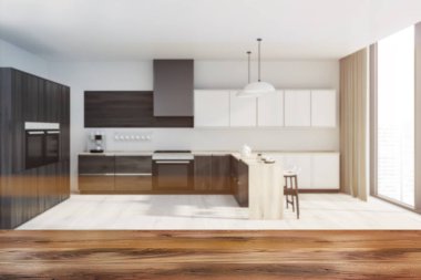İç beyaz duvarlar, ahşap zemin, panoramik pencere ile şık mutfak ve onlara yakın ahşap bar ile beyaz ve ahşap mutfak tezgahı. Yapılı içinde soba ile ahşap dolap. 3D render tonlu görüntü