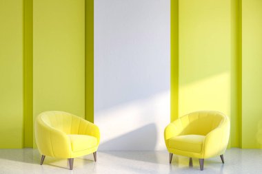 Beyaz ve sarı duvarlar, beton zemin ve ahşap ayak üzerinde iki sarı koltuk minimalist oturma odası iç. 3D render