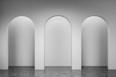 İçinin boş oda beyaz duvarlı, üç onları ve beton zemindeki kemerler. İç Tasarım kavramı. 3D render