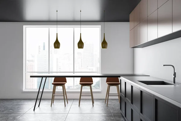 Interior Cozinha Moderna Com Paredes Brancas Piso Azulejo Bancadas Cinza — Fotografia de Stock