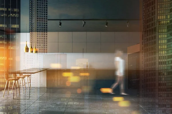 Woman Walking Modern Kitchen White Walls Tiled Floor Brown Cupboards — Stock Photo, Image