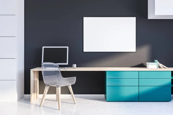 Interior of home office with gray walls, white floor, blue and wooden table with computer on it, transparent chair and horizontal poster. 3d rendering mock up