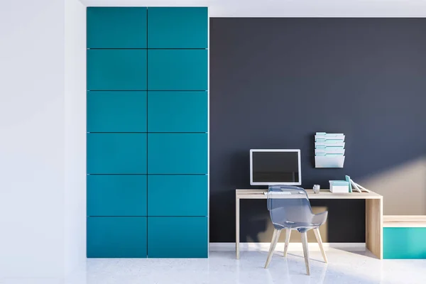 Interno Home Office Con Pareti Grigie Pavimento Bianco Tavolo Blu — Foto Stock