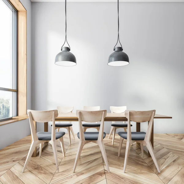 Interior Dining Room Gray Walls Wooden Floor Wooden Table Gray — Stock Photo, Image