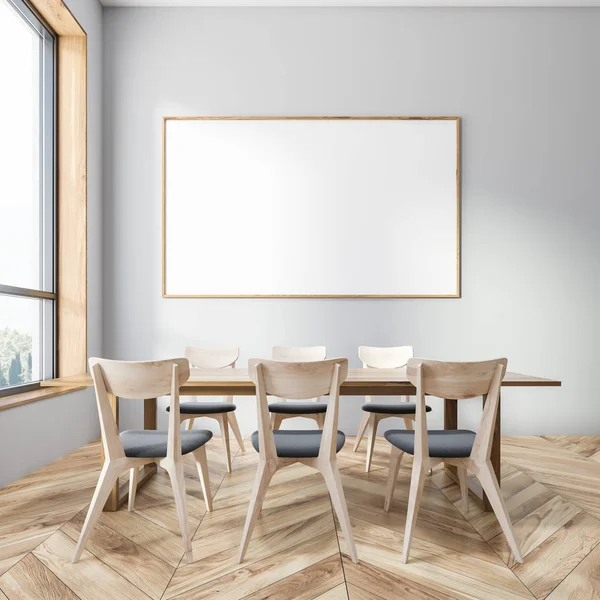 Interior Dining Room Gray Walls Wooden Floor Wooden Table Gray — Stock Photo, Image