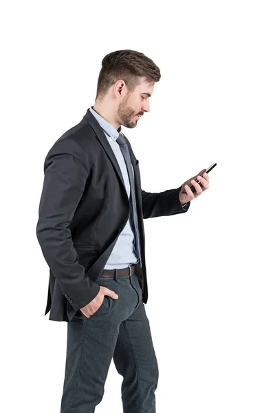 Vista Lateral Retrato Aislado Joven Hombre Negocios Barbudo Con Traje — Foto de Stock