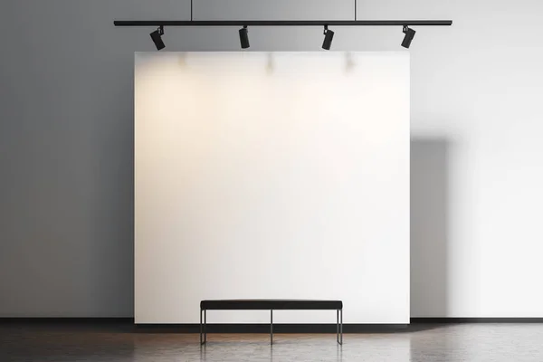 Interior Gallery White Walls Concrete Floor Black Bench Lights Wall — Stock Photo, Image