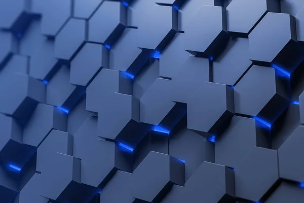 Side view of hexagon pattern wall made of blue hexagons of different height with bright blue edges. Concept of creativity and art. 3d rendering