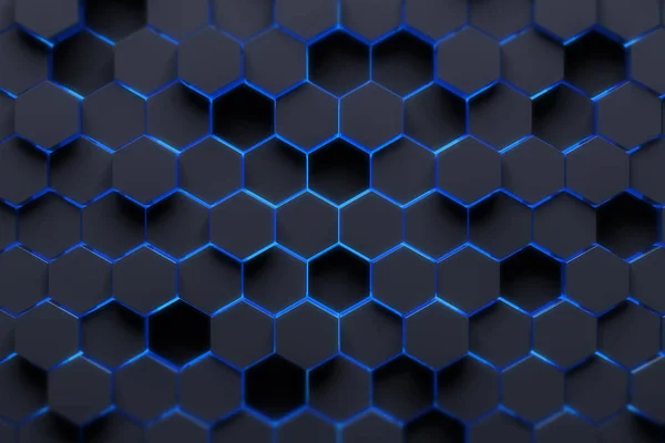 Fond Abstrait Composé Hexagones Noirs Différentes Hauteurs Aux Bords Bleus — Photo