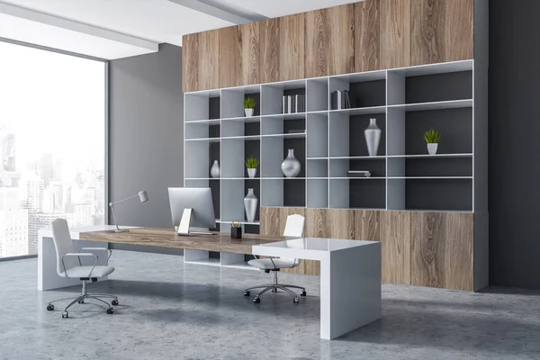 Corner Manager Office Gray Walls Concrete Floor White Wooden Computer — Stock Photo, Image