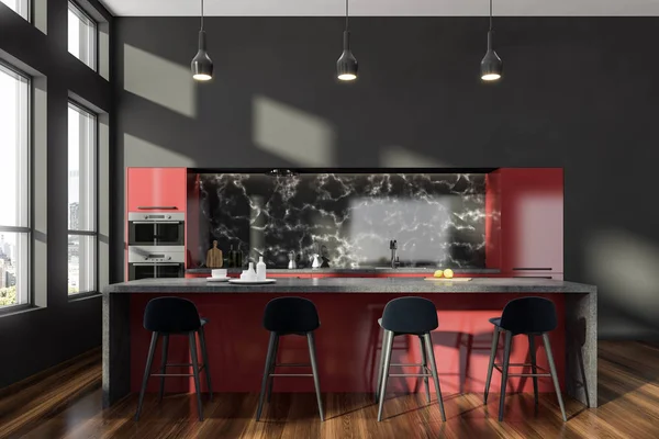 Intérieur Cuisine Avec Murs Gris Plancher Bois Comptoirs Rouges Avec — Photo