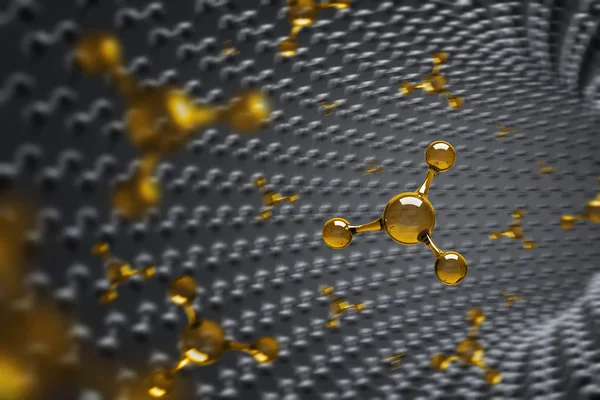 Yellow atoms in black carbon molecule tunnel over black background. Concept of nanotechnology and science. 3d rendering