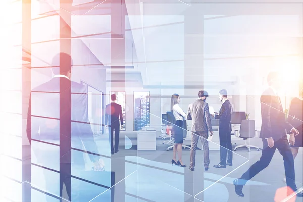 Geschäftsleute Gehen Und Diskutieren Modernen Großraumbüros Mit Doppelter Belichtung Des — Stockfoto