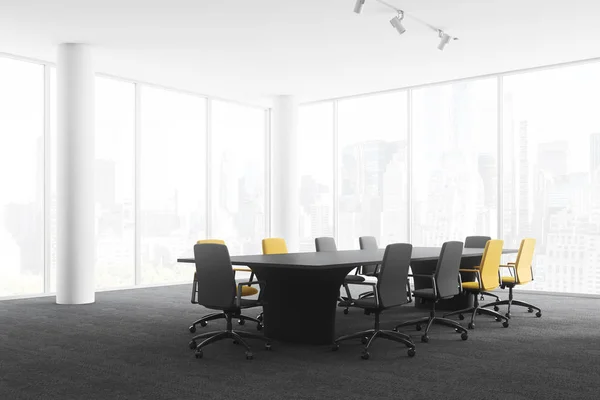 Corner of office meeting room with panoramic windows, carpeted floor and long black table with gray and yellow chairs. Concept of business lifestyle. 3d rendering