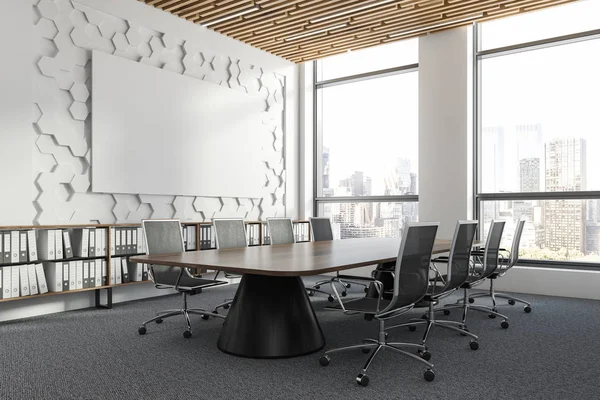 Corner of office meeting room with white hexagon pattern walls, long dark wooden table with chairs, shelves with folders and horizontal poster. 3d rendering mock up