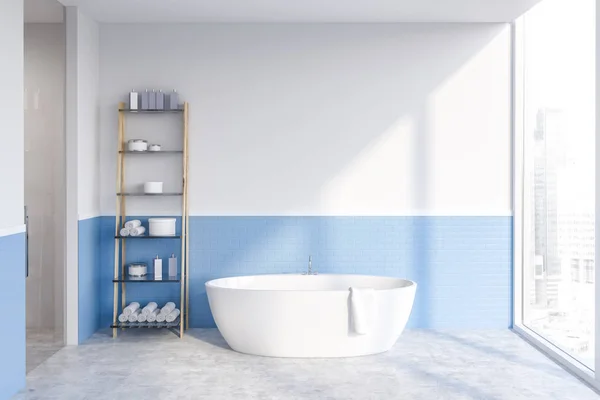 Minimalistic Bathroom Interior White Blue Brick Walls Concrete Floor Panoramic — Stock Photo, Image