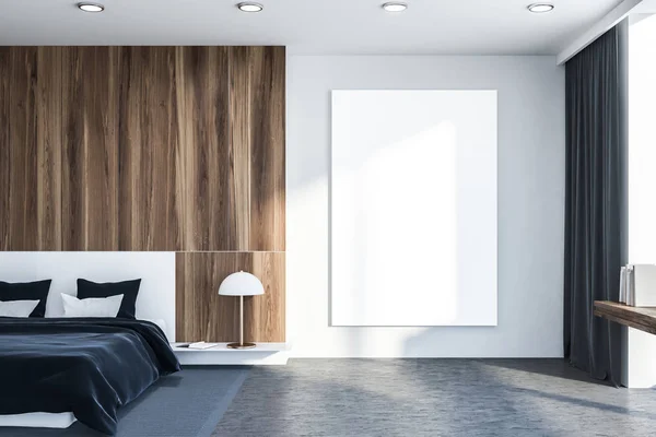 白と木製の壁 コンクリートの床 灰色の毛布 垂直のポスターが壁に掛かっている白いマスター ベッドとベッドルームのインテリア レンダリングをモックアップします — ストック写真