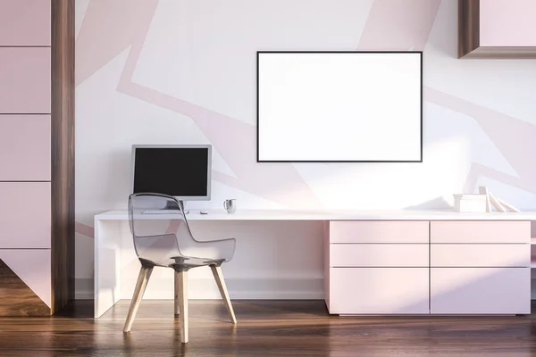 Interior Oficina Casa Con Paredes Blancas Rosadas Mesa Computadora Blanca — Foto de Stock