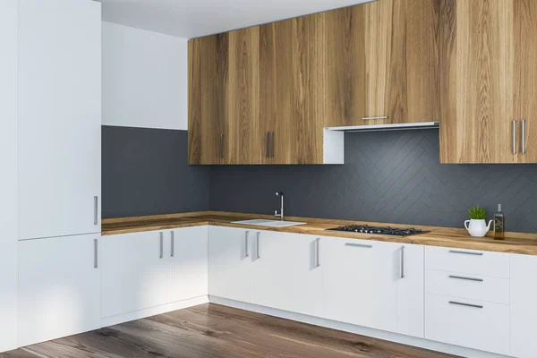 Corner Kitchen White Gray Walls Wooden Floor White Countertops Built — Stock Photo, Image